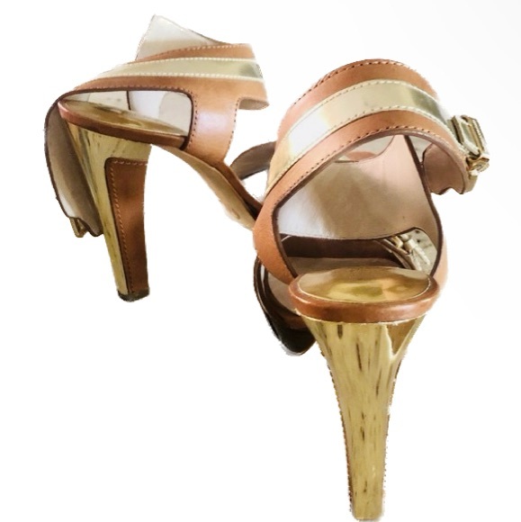 Michael Kors Brown & Gold Leather Peep Toe Ankle Strap Sandals, Women’s Size 5M. - Picture 10 of 13